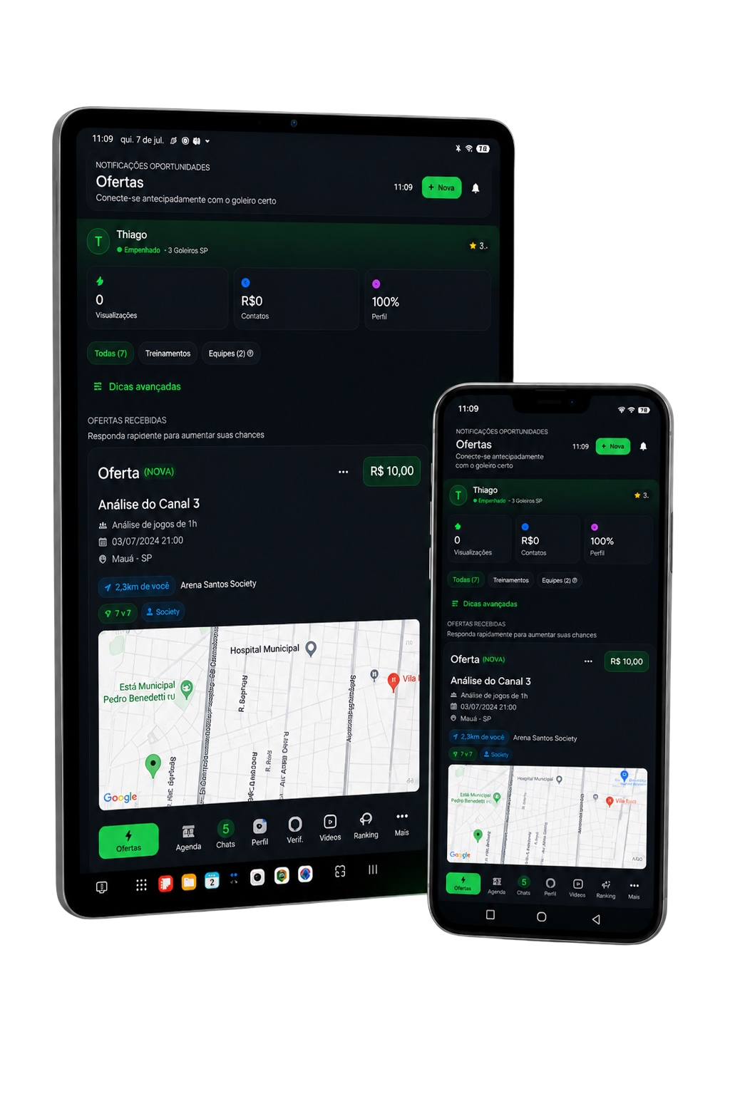 Visual premium do app FRC Pro para goleiros em tablet e celular