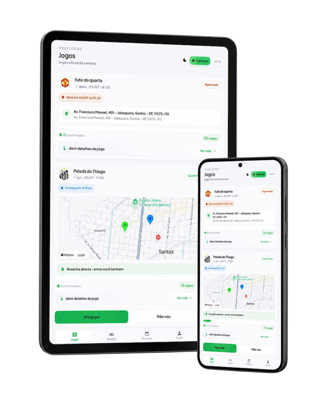 Visual clean do app do jogador em tablet e celular