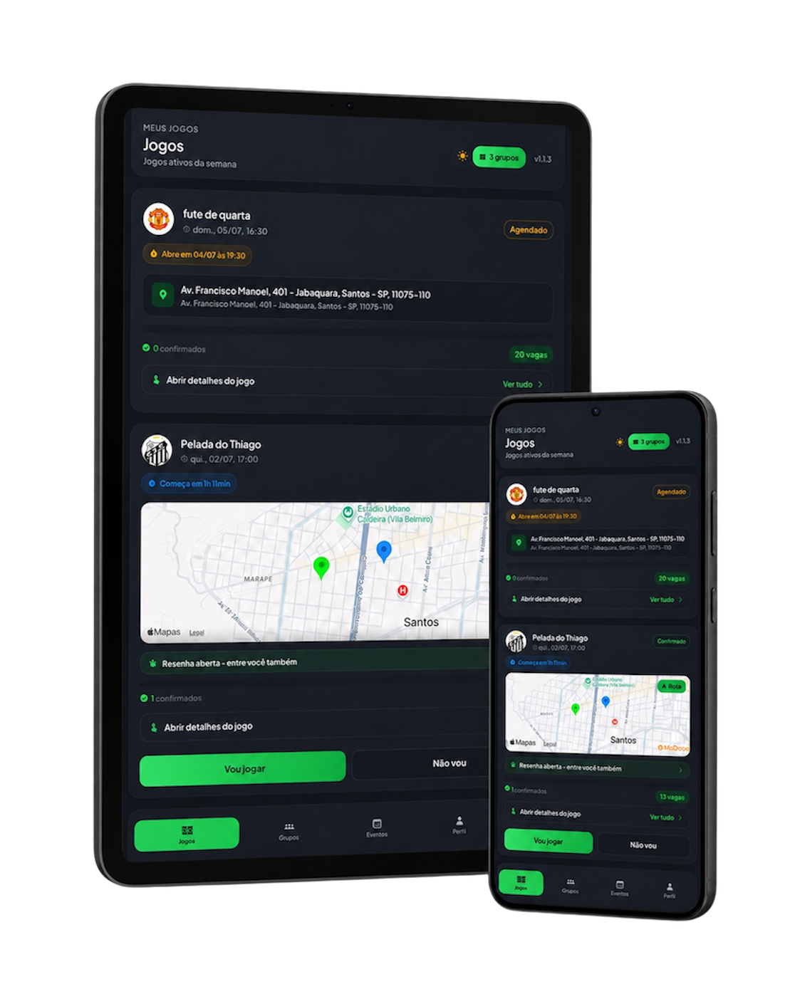 Visual dark do app do jogador em tablet e celular